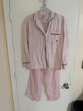 Victoria's Secret Pink and White Striped Pajama Set with Black Piping